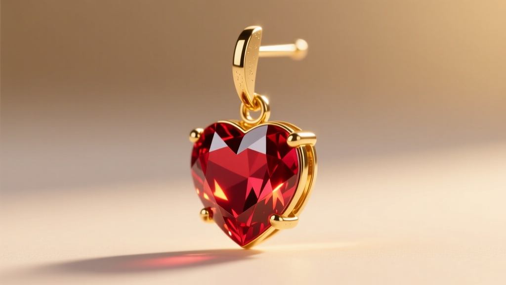 Side profile of a 14k gold vermeil drop showcasing a faceted synthetic ruby red heart earring catching warm, golden hour sunlight.