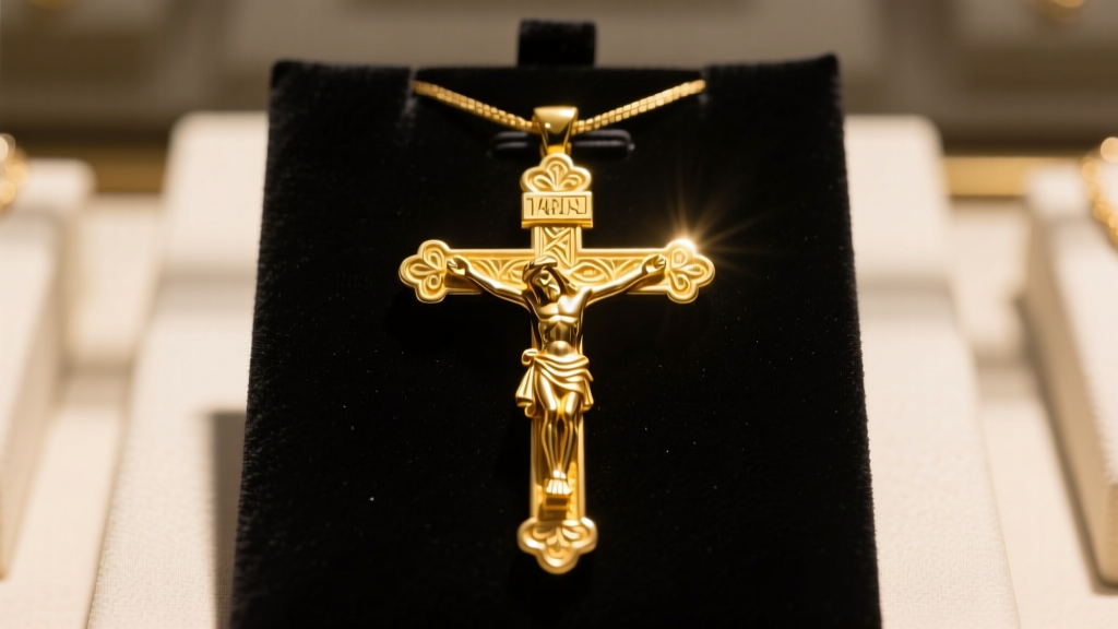 Solid 14k yellow gold Jesus crucifix pendant resting on dark velvet appraisal mat, illuminated by warm spotlight in a jewelry shop