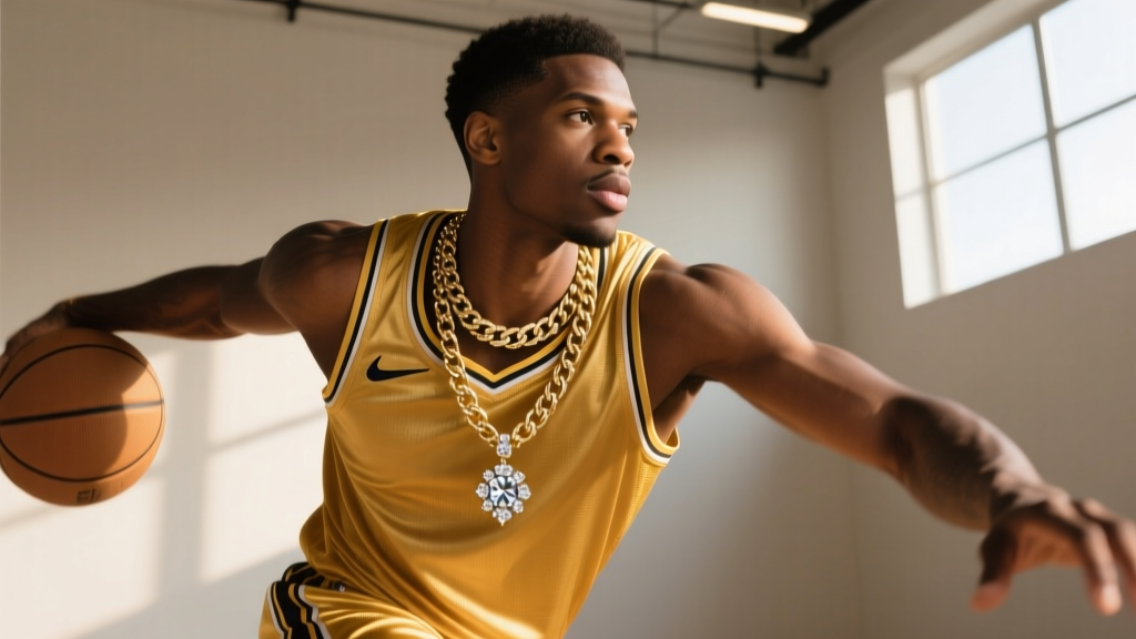 Athlete wearing a layered gold basketball necklace and diamond jersey pendant, captured mid-motion with dramatic rim lighting