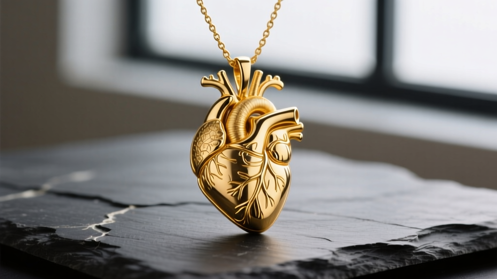 Macro photograph of a highly detailed 14k yellow gold anatomical heart necklace pendant resting on a dark slate surface
