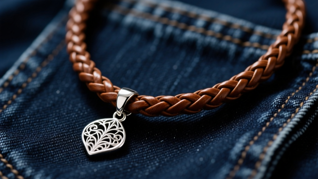 Braided brown leather cord necklace with a sterling silver pendant on dark denim, highlighting rich texture and a natural 24-inch drape.