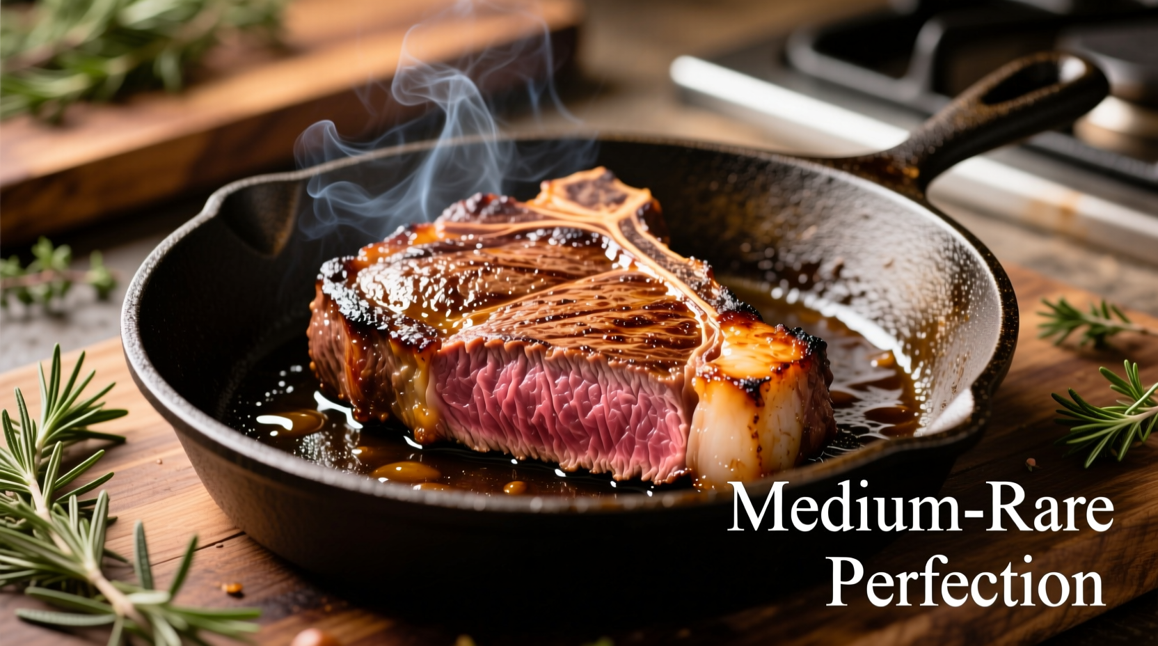 Perfect medium-rare steak with crust in cast iron pan