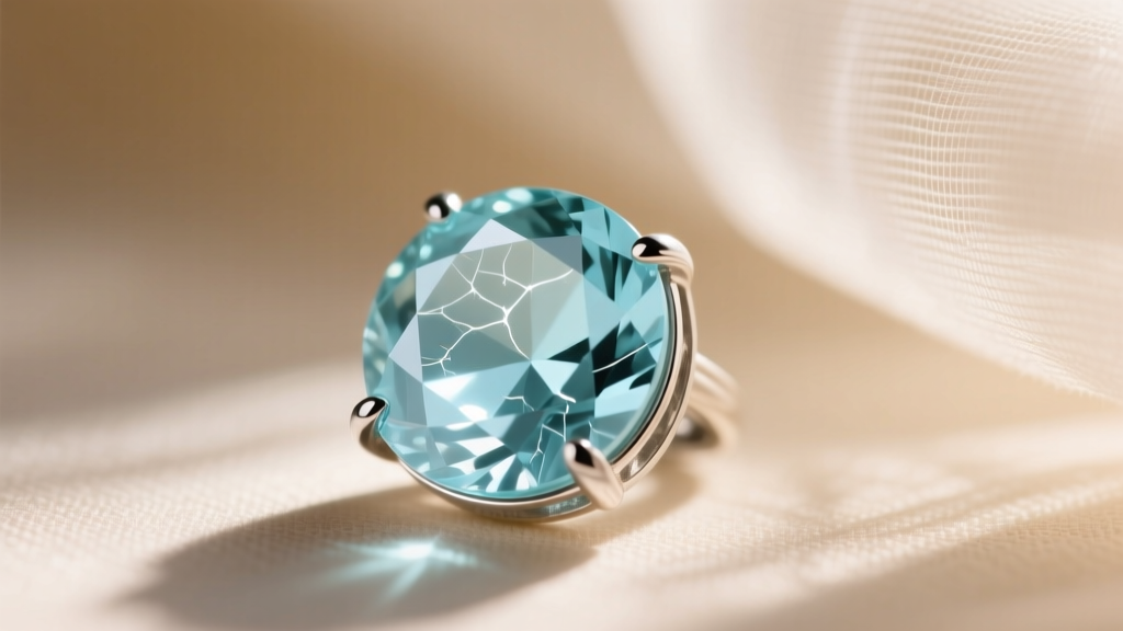 Macro shot of a bezel-set aquamarine crystal pendant in sunlight, showing its pale blue clarity and natural internal inclusions