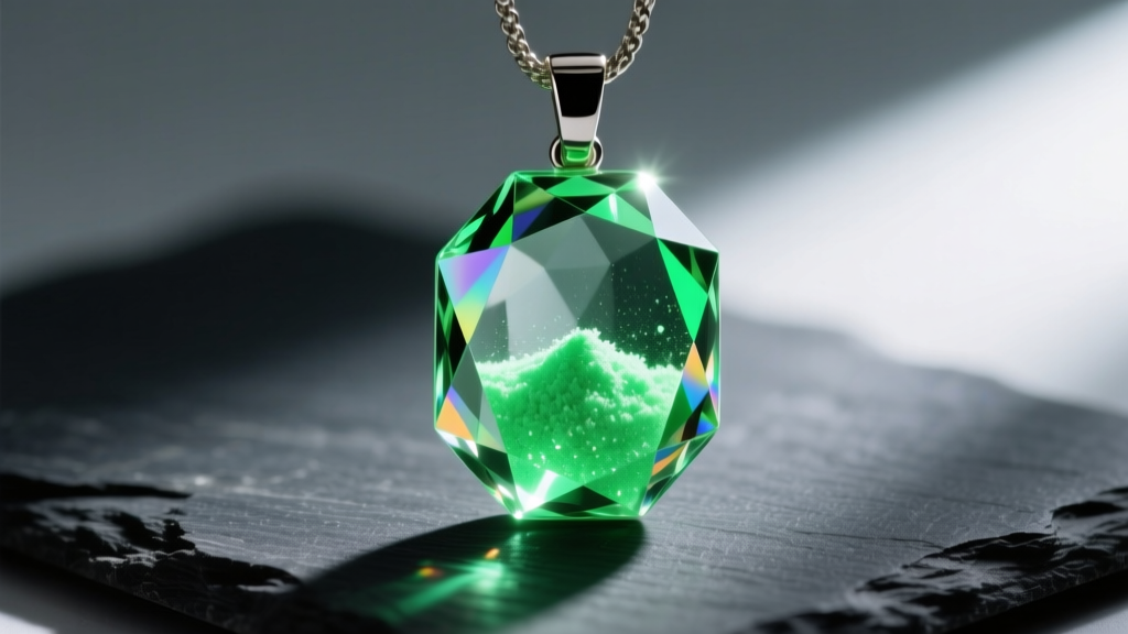 Macro photo of a faceted borosilicate glass pendant filled with glowing green strontium aluminate powder, resting on dark slate