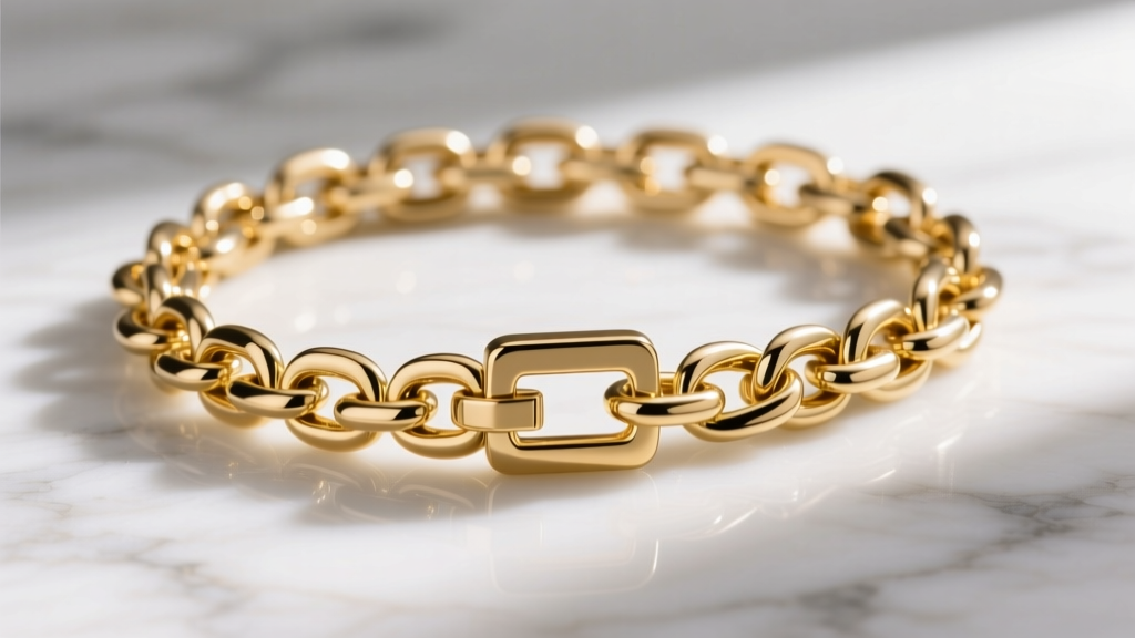 18k gold Franco chain with a box clasp on marble, showing its woven, heavy-duty link structure and bright, polished metal finish.