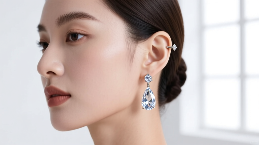 Woman wearing lightweight leverback crystal teardrop earrings, showing proper lobe support and ergonomic dangle alignment.