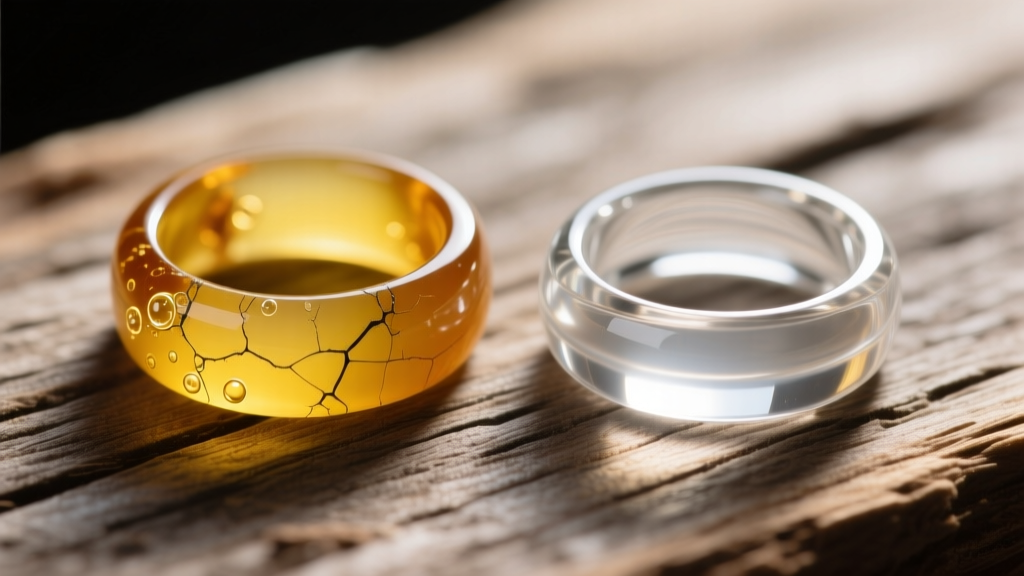 Macro shot of a yellowed epoxy resin pet memorial ring beside a clear UV-stabilized resin ring on a wooden surface, highly detailed.