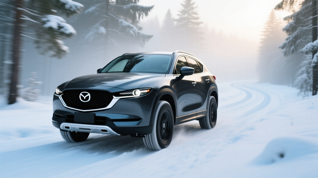 Mazda CX-50 Hybrid traversing a light snow trail demonstrating the all-wheel-drive system and rugged exterior cladding