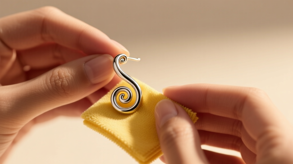 Hands gently polishing the high points of a silver scroll earring with a yellow microfiber jewelry cloth under warm lighting.