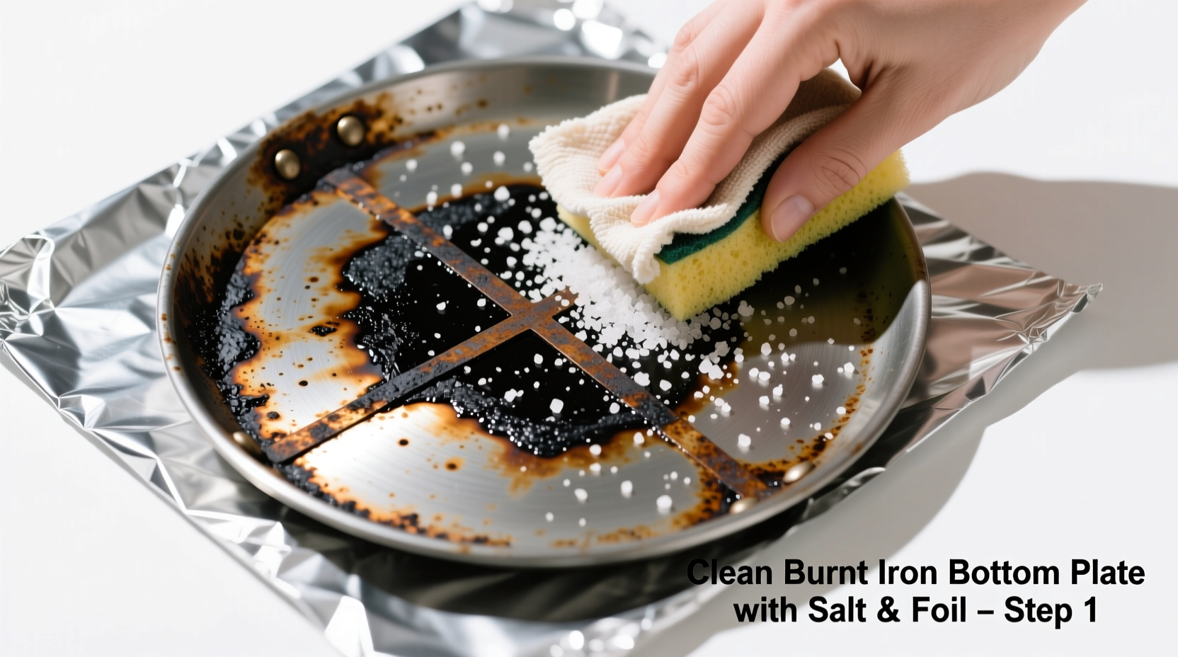 how to clean a burnt iron bottom plate using salt and foil