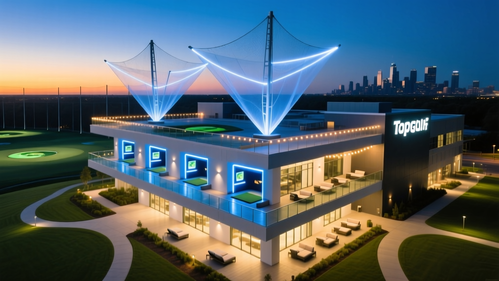 Aerial twilight view of a three-story Topgolf complex with illuminated driving bays, towering netting, and a rooftop patio