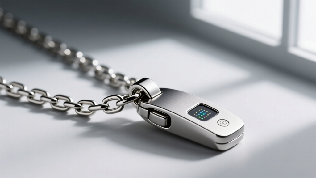 Macro shot of a seamless clasp connecting a delicate 316L stainless steel rolo chain to a waterproof IP68-rated wellness pendant