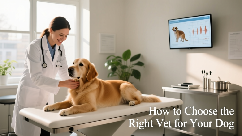 A calm, friendly veterinarian gently examining a relaxed dog in a clean, sunlit exam room