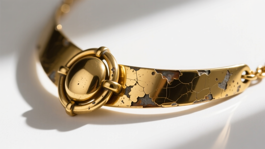 Macro shot of a vintage 1950s costume necklace clasp showing worn gold electroplating revealing the raw brass base metal beneath.