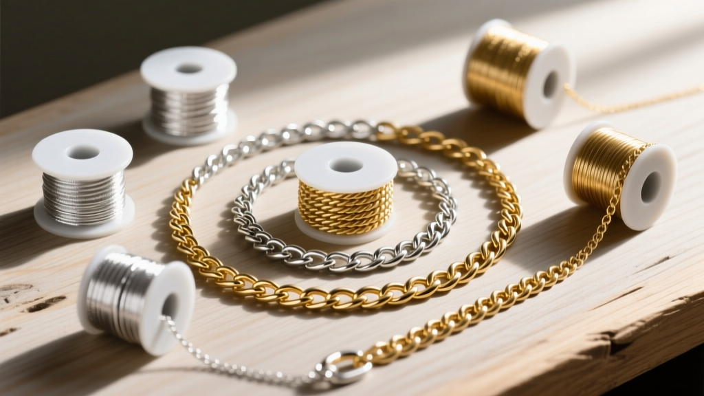 Spools of .925 sterling silver and 14k gold-filled chains, including figaro and rope styles, neatly organized on a wooden display.