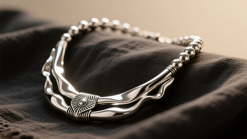 Native American liquid silver bead necklace draped over dark linen, soft studio light highlighting the reflective metallic tubes