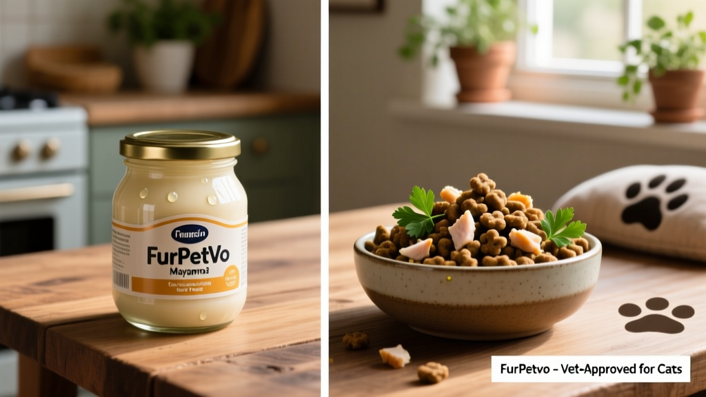 Side-by-side comparison: a jar of commercial mayonnaise and a bowl of vet-approved FurPetVo cat food