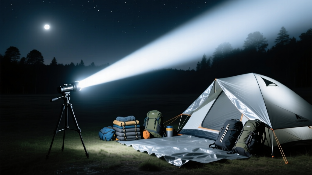 Wurkkos TS25 LED flashlight illuminating a wide dark campsite area with bright 4000 lumen flood beam revealing tent and gear at night