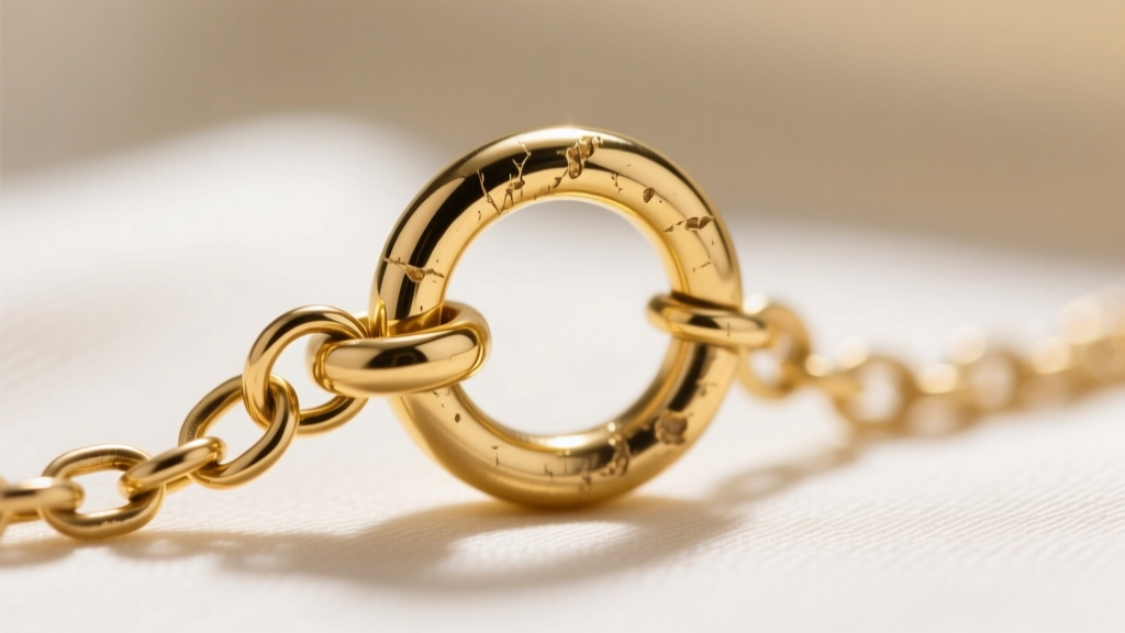 Macro shot of a gold vermeil pendant clasp showing slight wear on the jump ring from friction against a secondary layered chain