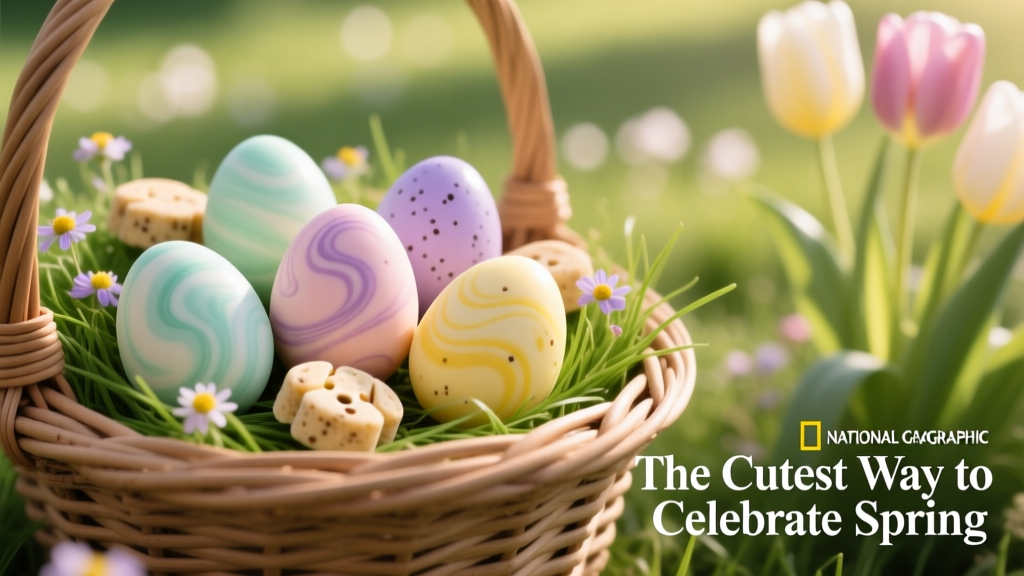 Assortment of marbled, pastel-colored egg-shaped dog treats arranged on a woven Easter basket lined with grass
