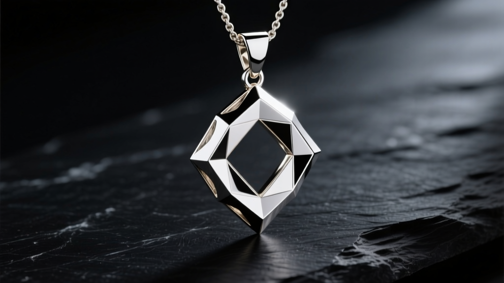 Macro shot of a geometric 18k white gold pendant with sharp edges, studio lighting against dark slate.