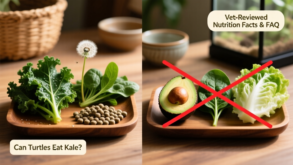 Side-by-side comparison of safe vs. unsafe foods for turtles: kale, dandelion greens, and turtle pellets on one side; avocado, spinach, and iceberg lettuce crossed out on the other