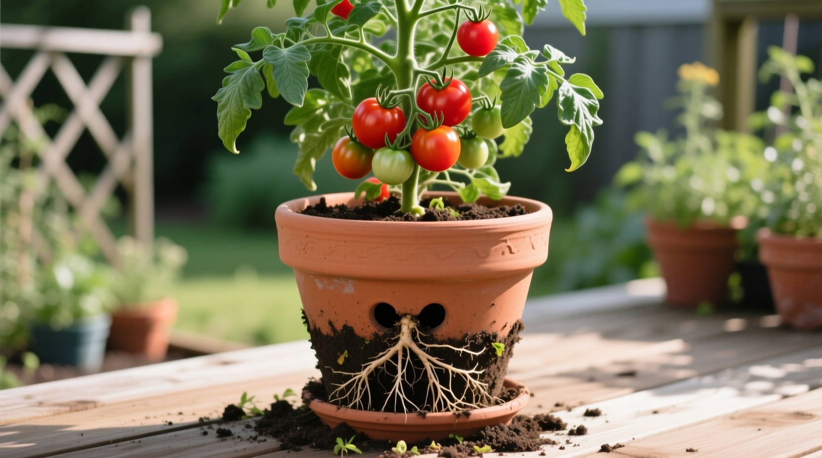 Tomato plant growing in properly sized 5-gallon container with healthy root system