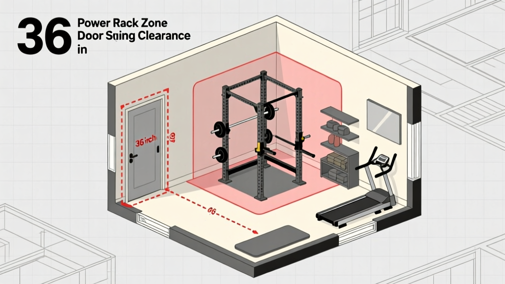Blueprint of a 150 square foot home gym floor plan showing 36-inch door swing clearance and power rack placement zones