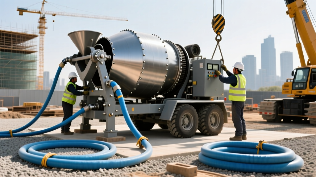 Construction crew assembling a heavy-duty tilting drum concrete mixer on a graded gravel pad with three-phase power cables and water hoses nearby