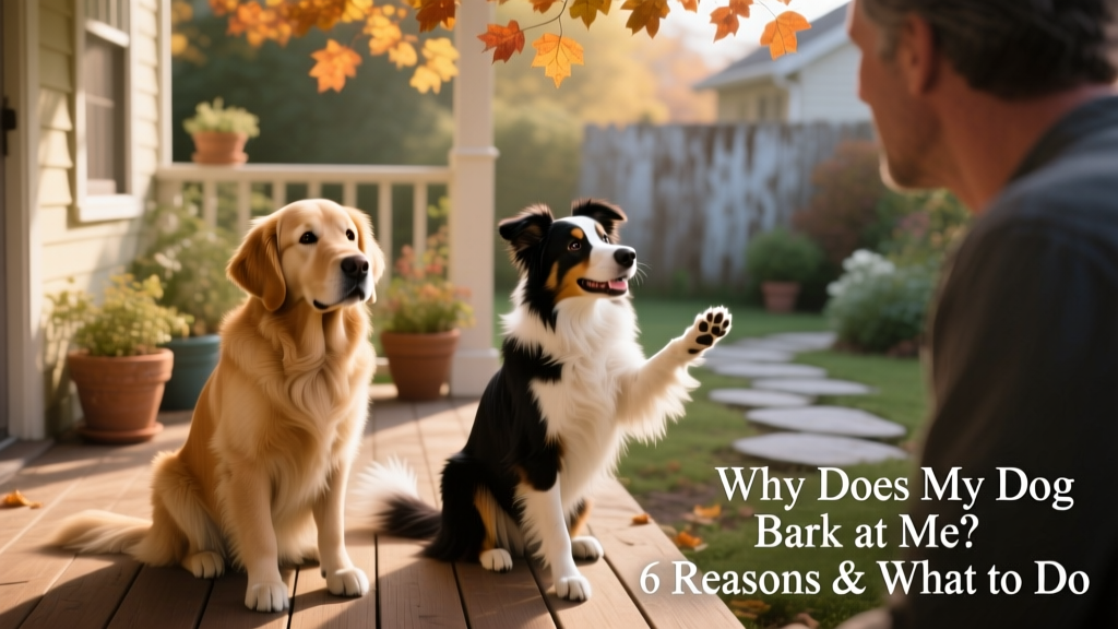 Two dogs sitting side-by-side, one calmly looking at their owner while the other gently offers a paw