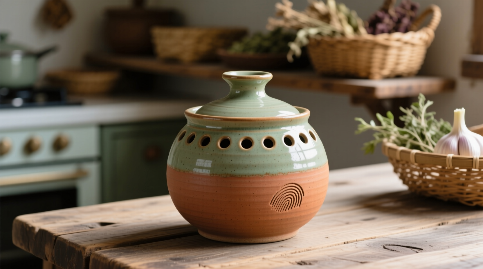 Ceramic garlic container with ventilation holes