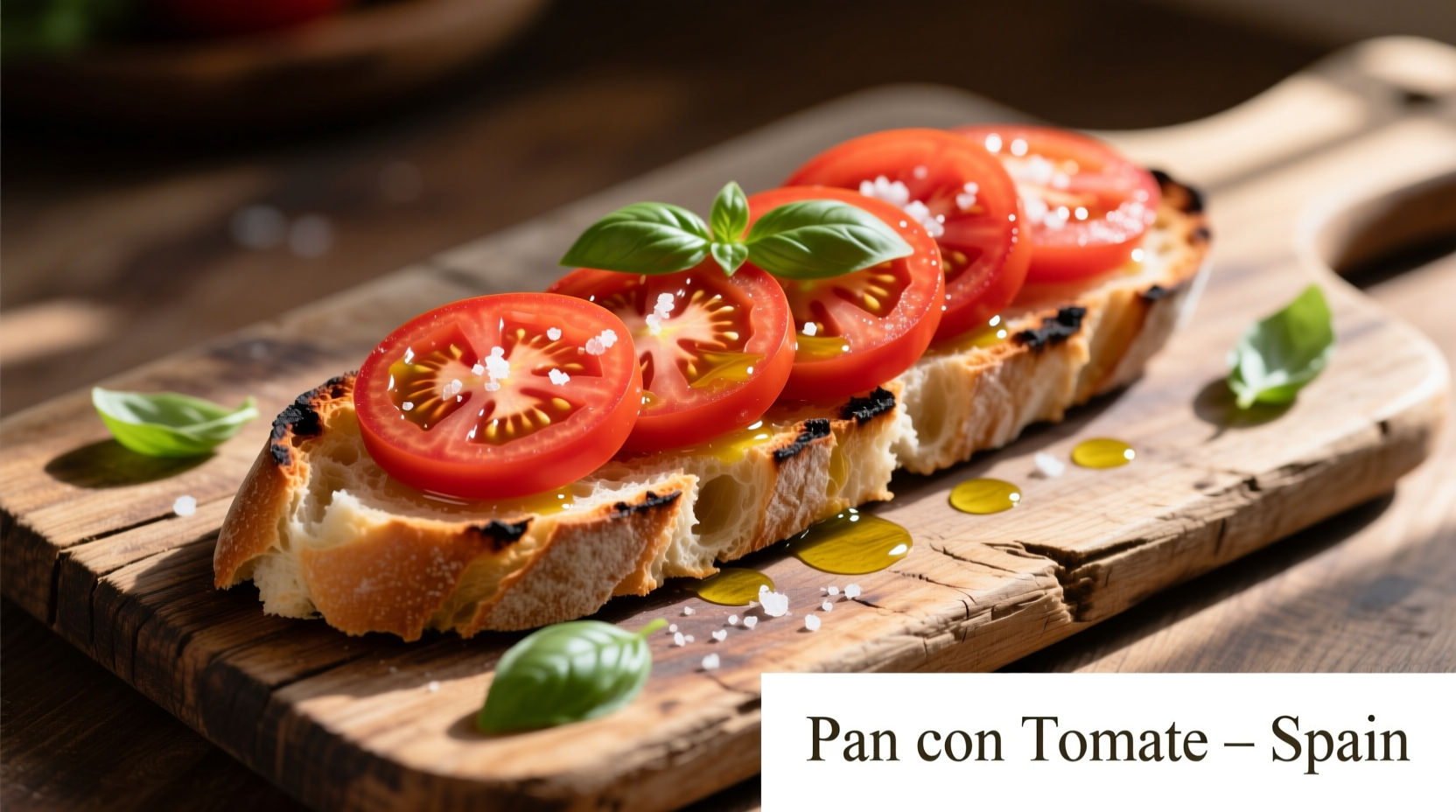 Traditional Spanish pan con tomate on wooden board