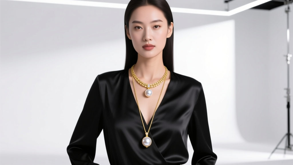 Woman wearing an 18-inch princess gold necklace with a pearl pendant over a black V-neck silk blouse in bright studio light.