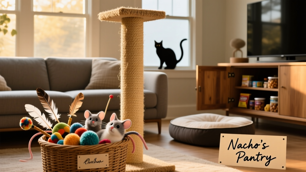 A tall, sturdy sisal scratching post placed behind a living room couch, with toys visible in a nearby basket