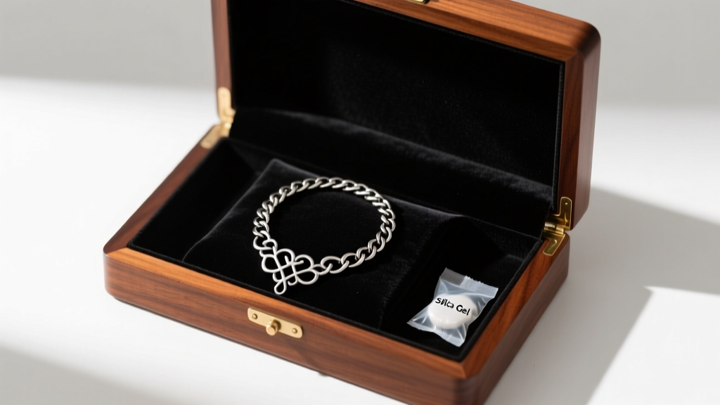 Open mahogany jewelry box with black anti-tarnish cloth holding a coiled gothic chain necklace and a small silica gel packet