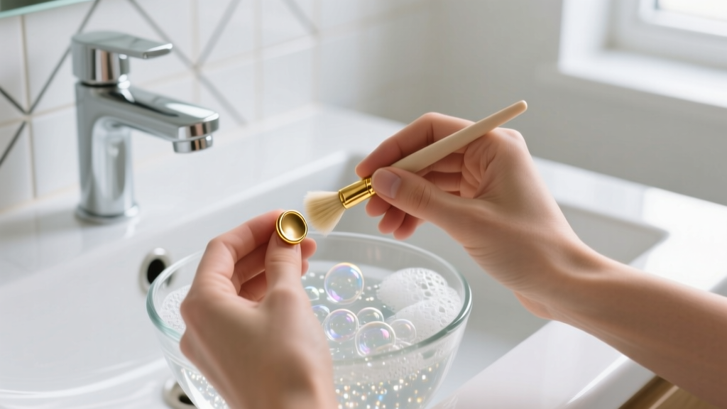 Hands cleaning gold circle stud earrings with a soft brush in a glass bowl of soapy water, bright modern bathroom sink background