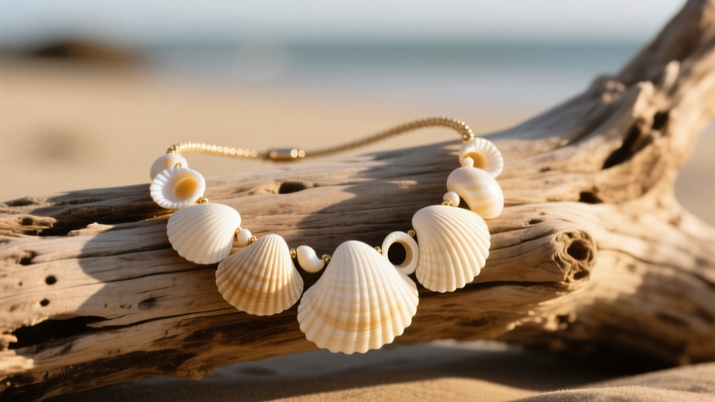 Cream puka shell necklace on driftwood showing natural asymmetrical holes and varied shell thickness in warm sunlight.