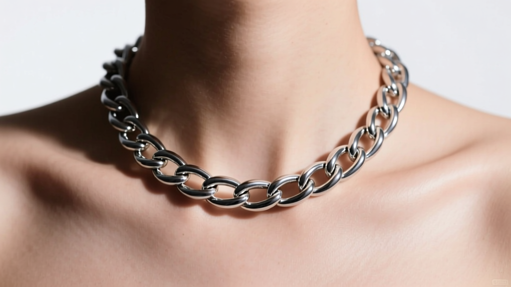 2.5mm platinum rope chain on a bare collarbone, showcasing the high-polish finish and heavy links under soft studio lighting.