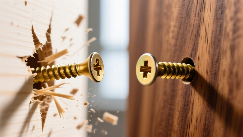 Macro shot of a brass screw stripping out of cheap MDF board next to a secure screw embedded in solid sealed walnut wood grain