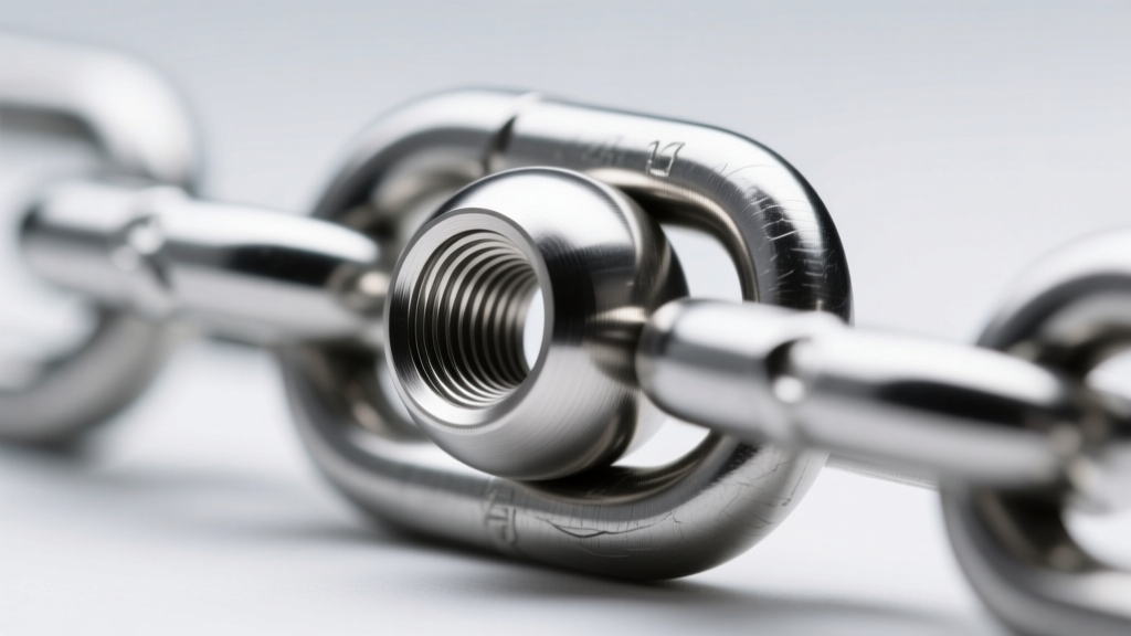 Macro shot of a 14-gauge internally threaded titanium ball end in a seamless pelvic chain link, showing smooth internal threading