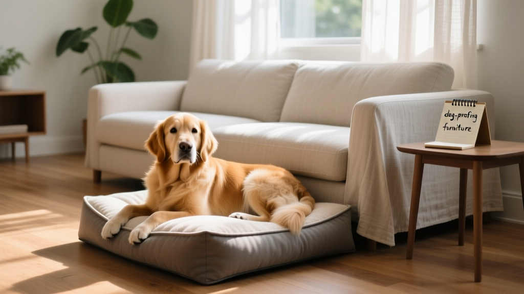 A relaxed dog lying on a chilled dog bed beside a neatly covered sofa