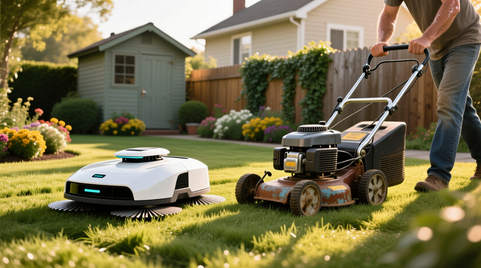 robot lawnmower vs manual push mower for small yards