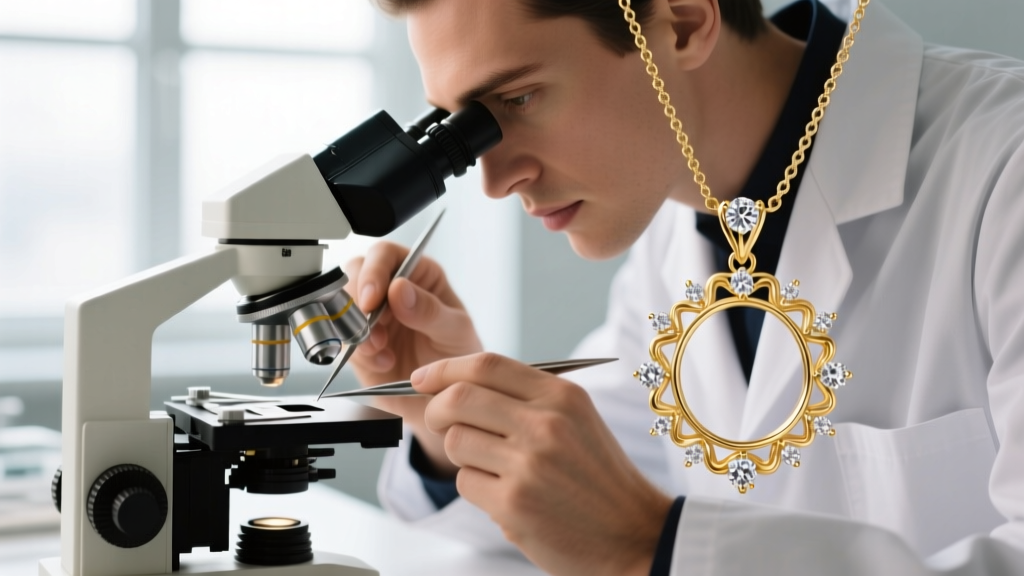Jeweler using a microscope to inspect and retip the tiny micro-prongs securing the melee diamonds on a gold halo pendant