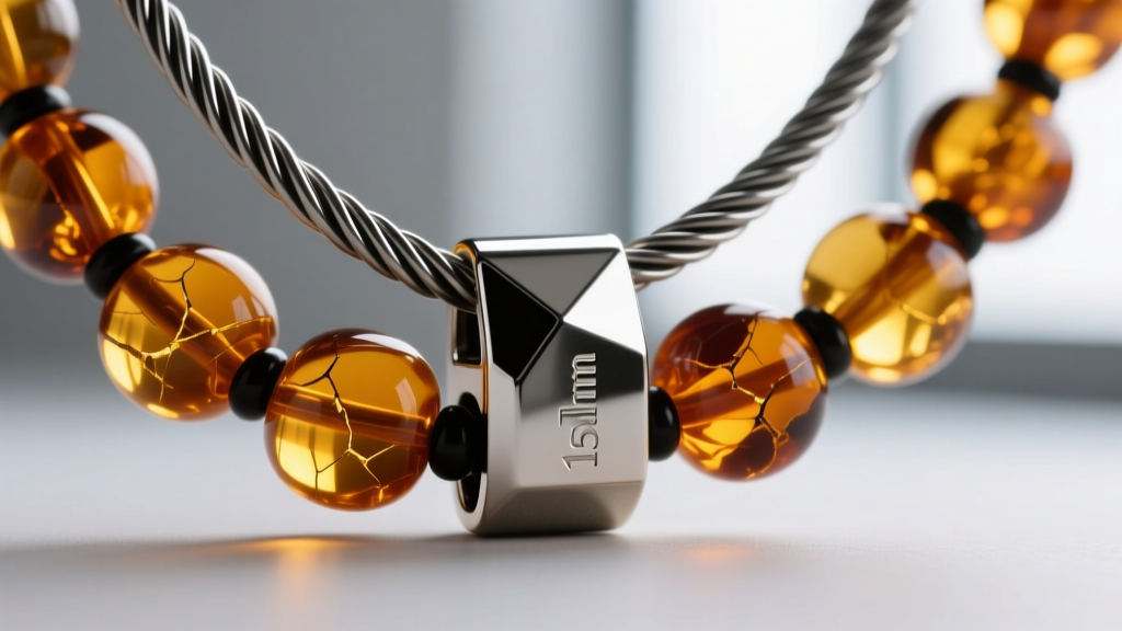 Close-up of a heavy-duty 15mm neodymium magnetic clasp securing a thick nylon-coated steel wire on a chunky amber necklace