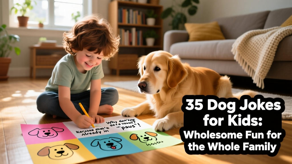A child drawing dog jokes on colorful paper while their dog watches curiously