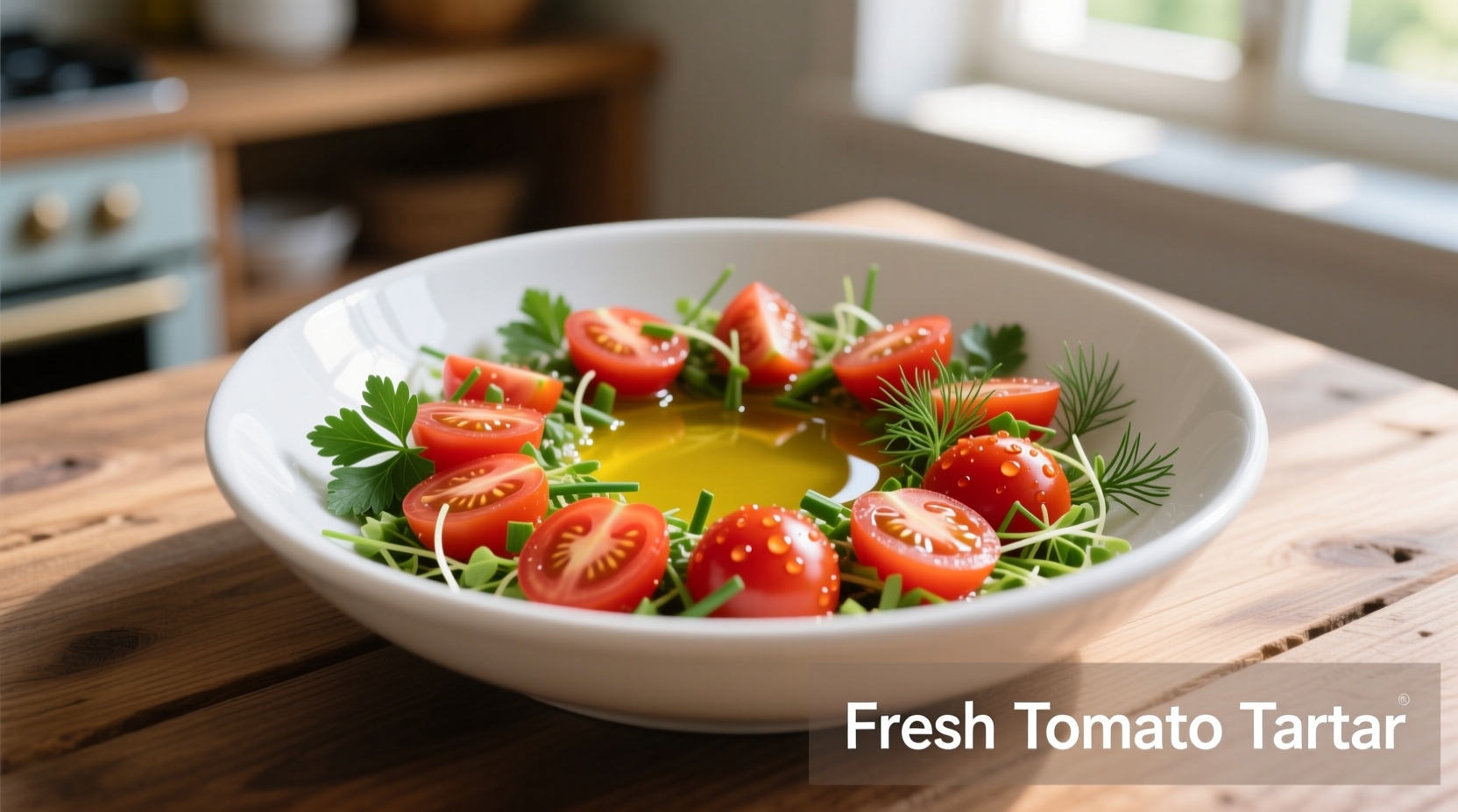 Fresh tomato tartar in white bowl with herbs