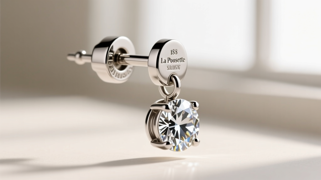 Macro shot of an 18-gauge La Pousette locking earring back securely fastened to a heavy platinum round diamond drop earring post