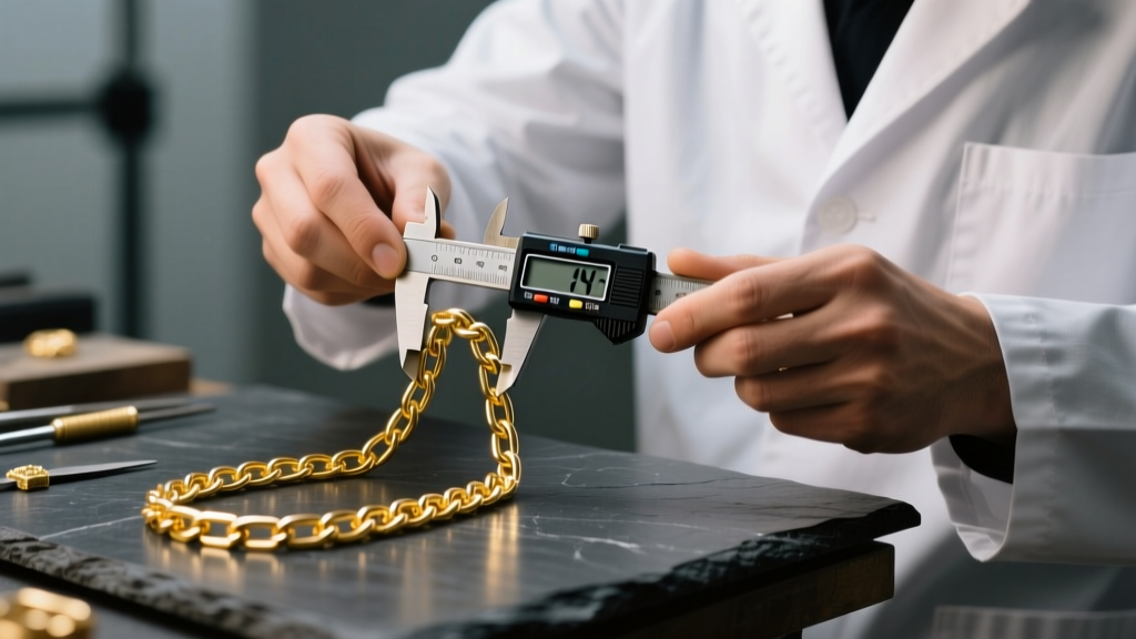 Jeweler using digital calipers to measure a 14k yellow gold box chain link on a dark slate workbench under bright studio lighting.