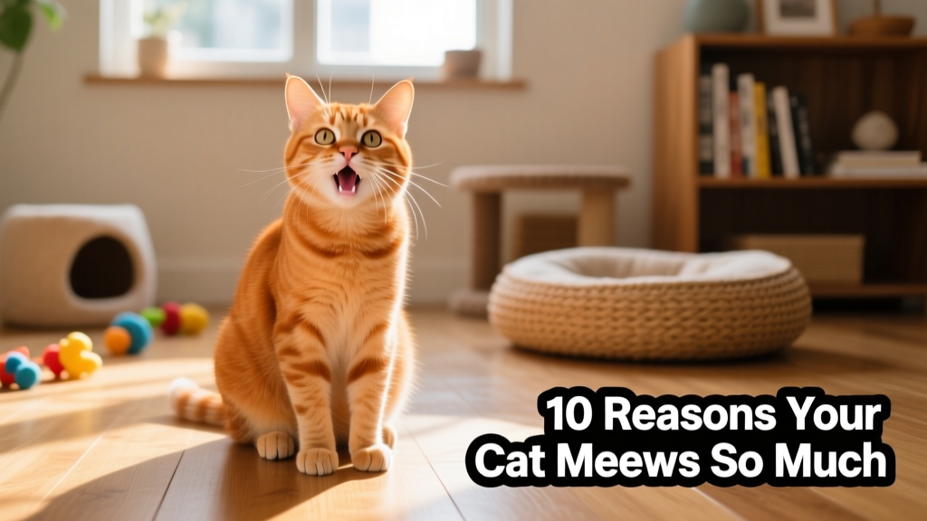 An orange cat sitting upright and meowing toward the camera