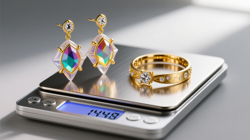 Resin cosplay Potara earrings and solid 14k gold fine jewelry replicas resting side-by-side on a metallic digital jewelry scale.